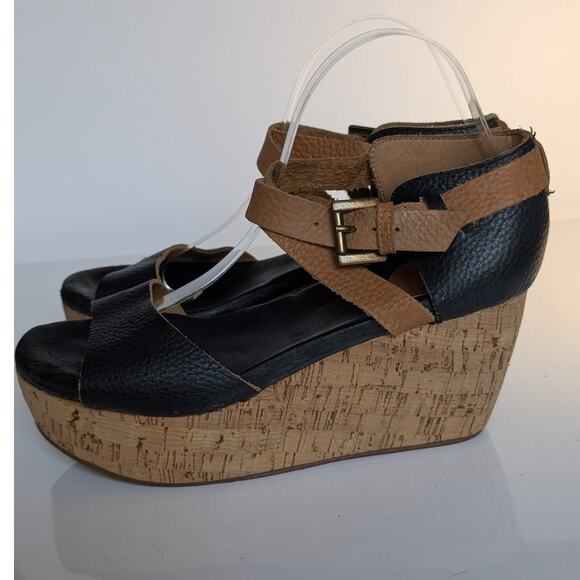 GEE WAWA Black Tan Cork Wedge Platform Ankle Strap Sandals Women's Size 9.5 - Picture 4 of 12
